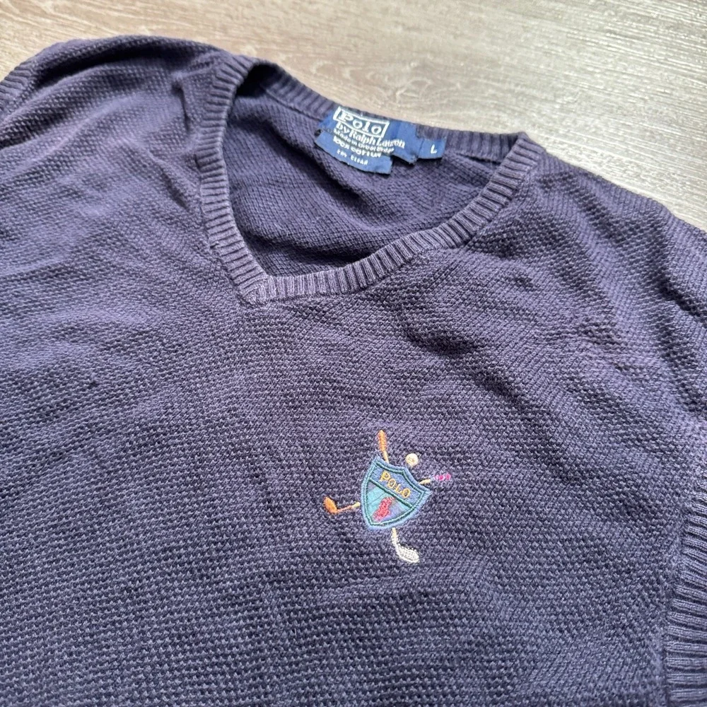 Polo Ralph Lauren Sweater Vest Mens Large Blue Cotton‎ Golf Crest Logo V-Neck UK